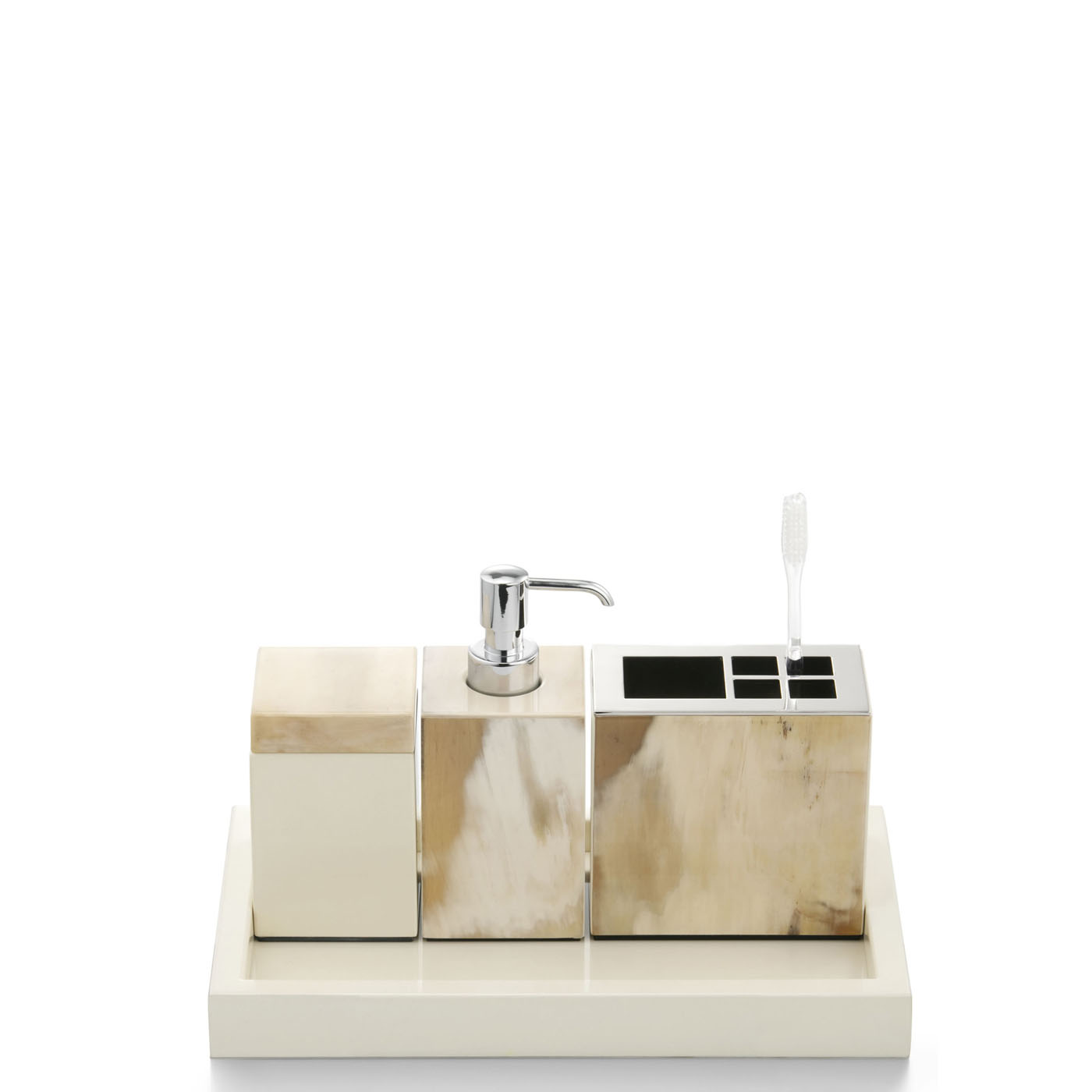 Bath sets - Iris bath set in horn and glossy ivory lacquered wood - Arcahorn