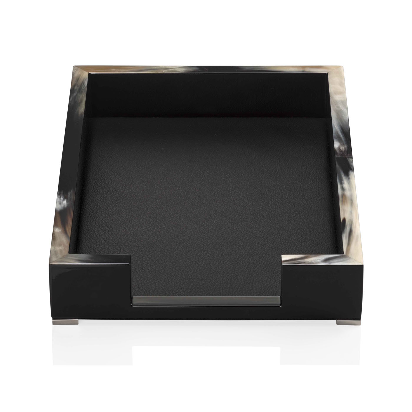 Office sets and smoking accessories - Calipso letter tray in horn, glossy black lacquered wood and black leather - front side - Arcahorn