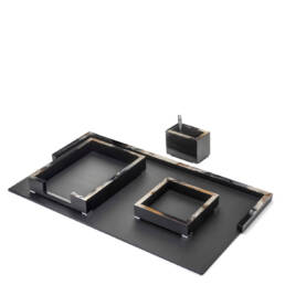 Office sets and smoking accessories - Calipso office set in horn, glossy black lacquered wood and black leather - Arcahorn