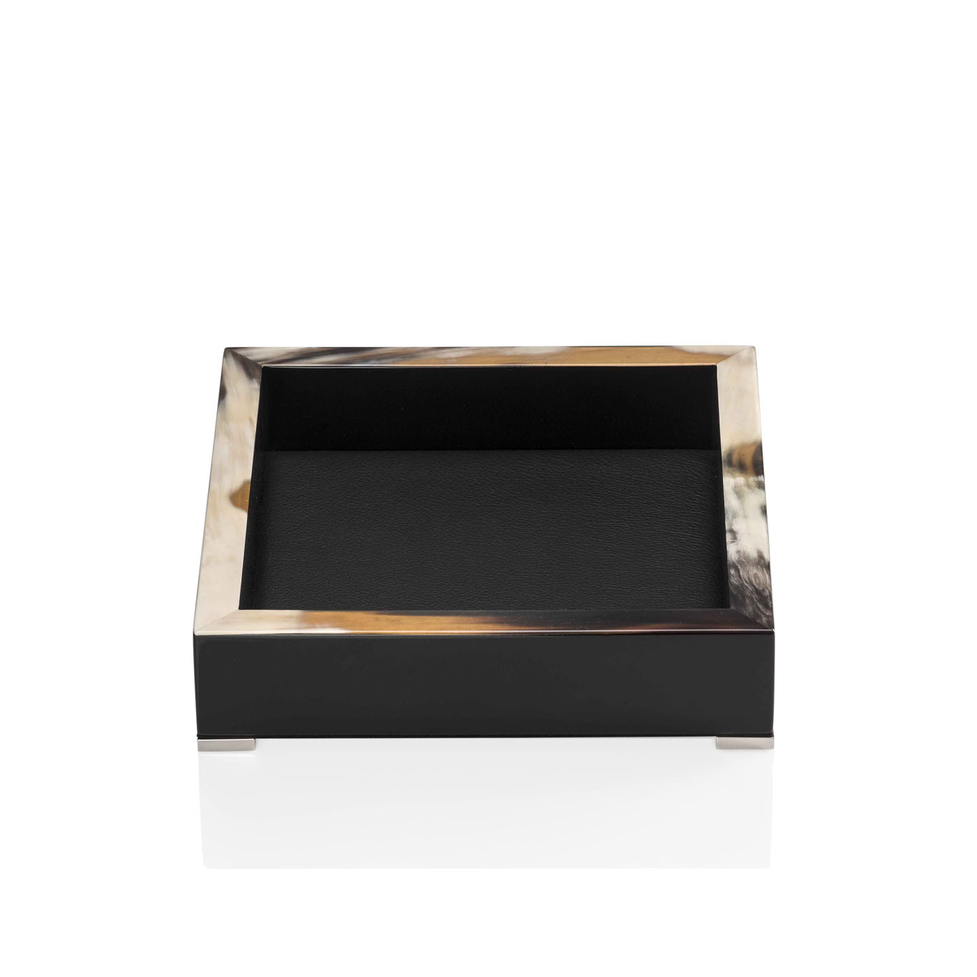 Office sets and smoking accessories - Calipso container in horn, glossy black lacquered wood and black leather - front side - Arcahorn