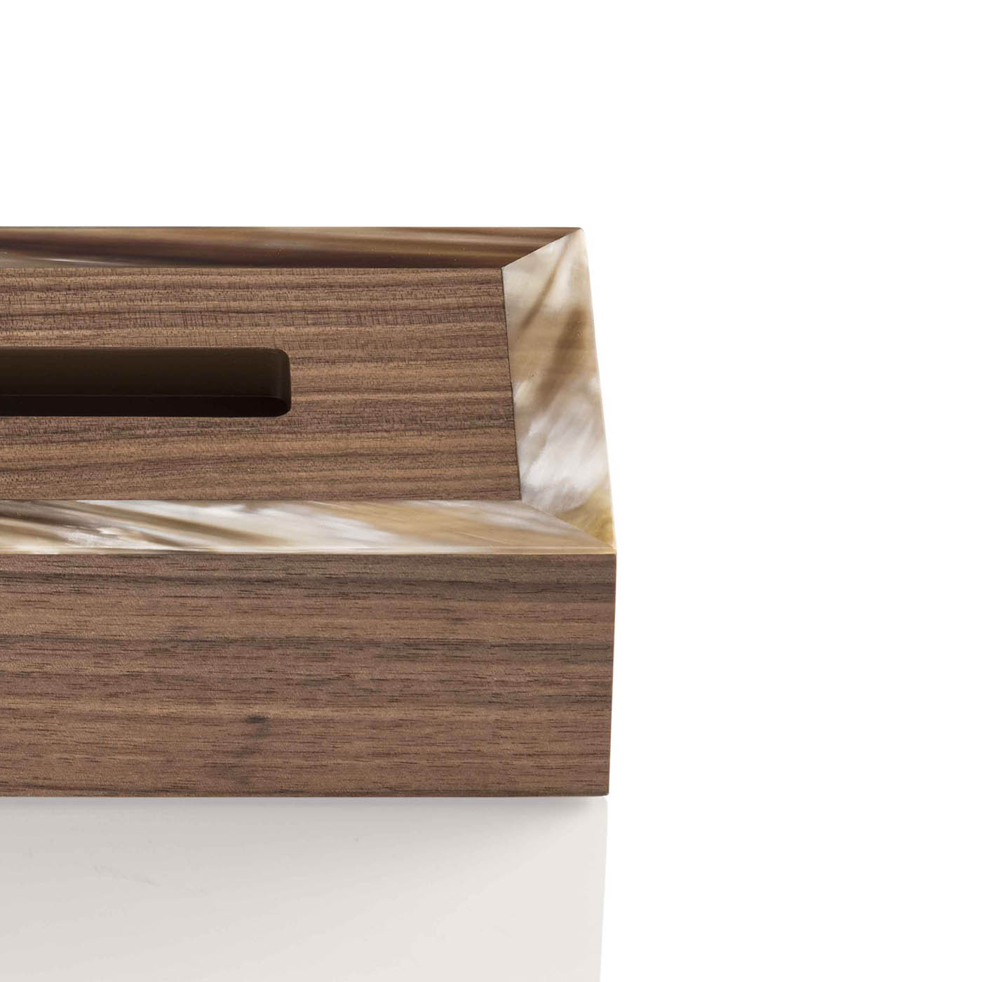 Office sets and smoking accessories - Geremia tissue box holder in horn and Canaletto walnut veneer - detail- Arcahorn