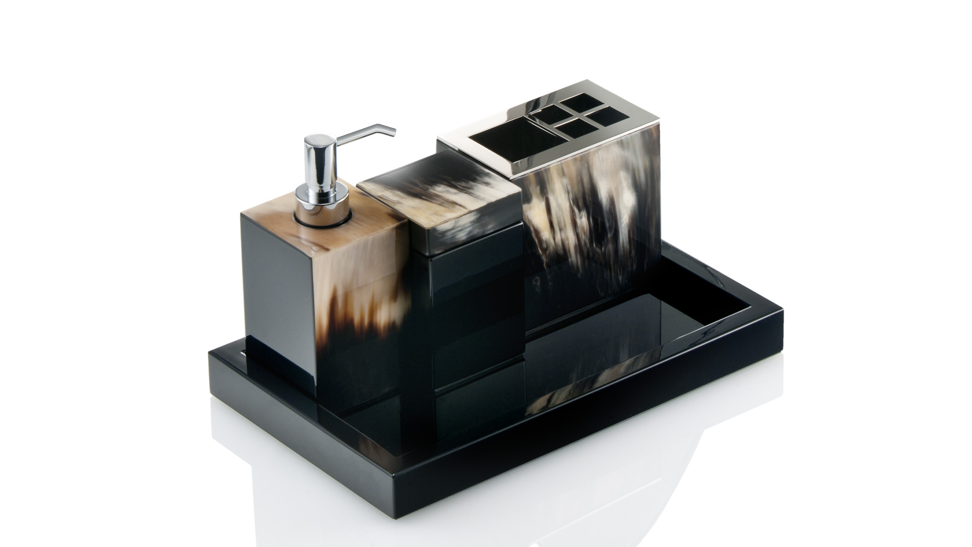 Bath sets - Iris bath set in horn and glossy black lacquered wood - cover - Arcahorn