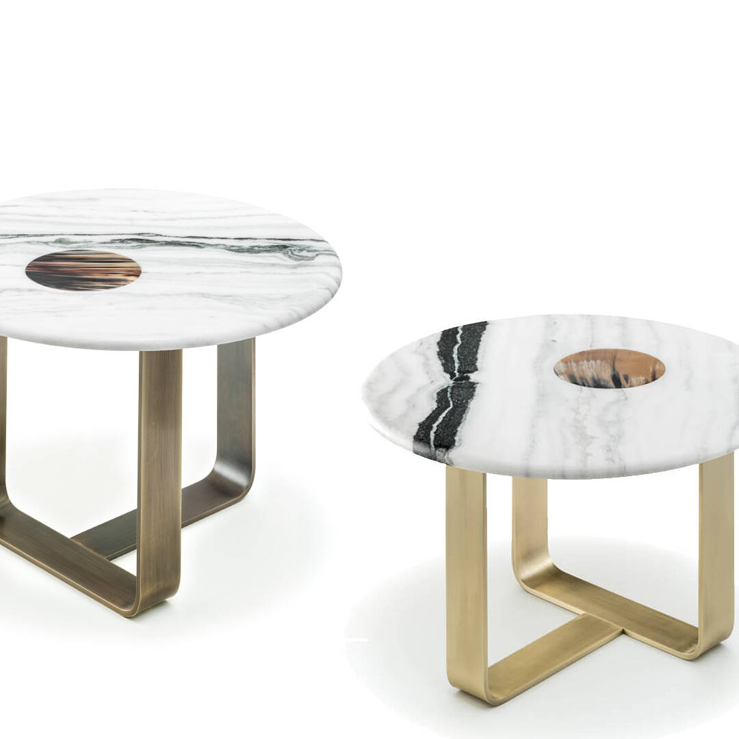 Tables and console tables - Apollo side table in Dalmata marble and satin or burnished metal - cover - Arcahorn