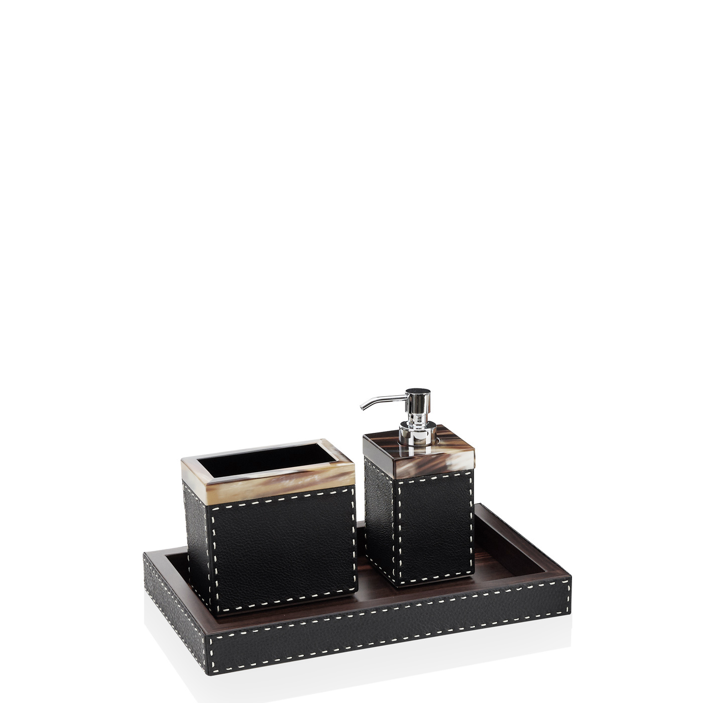 Bath accessories - Berenice bath set in horn and Onyx colour leather - Arcahorn