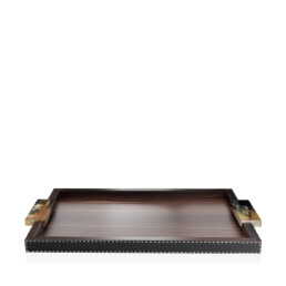 Tableware - Gioele tray in horn, Amara ebony veneer and pebbled leather, Onyx colour - Arcahorn