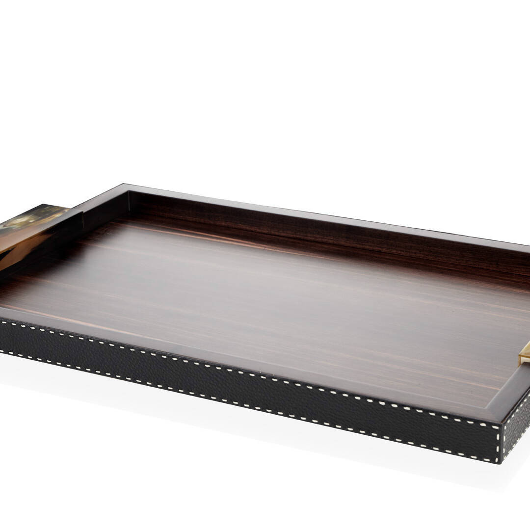 Tableware - Gioele tray in horn, Amara ebony veneer and pebbled leather, Onyx colour - cover - Arcahorn