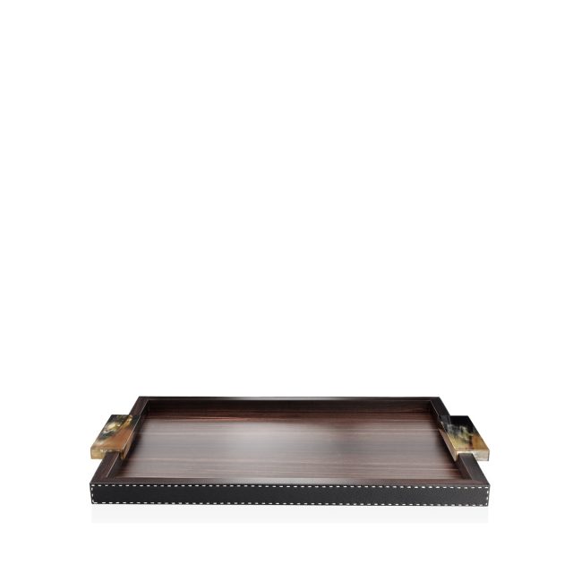 Tableware - Gioele tray in horn, Amara ebony veneer and pebbled leather, Onyx colour mod. 4436 - Arcahorn