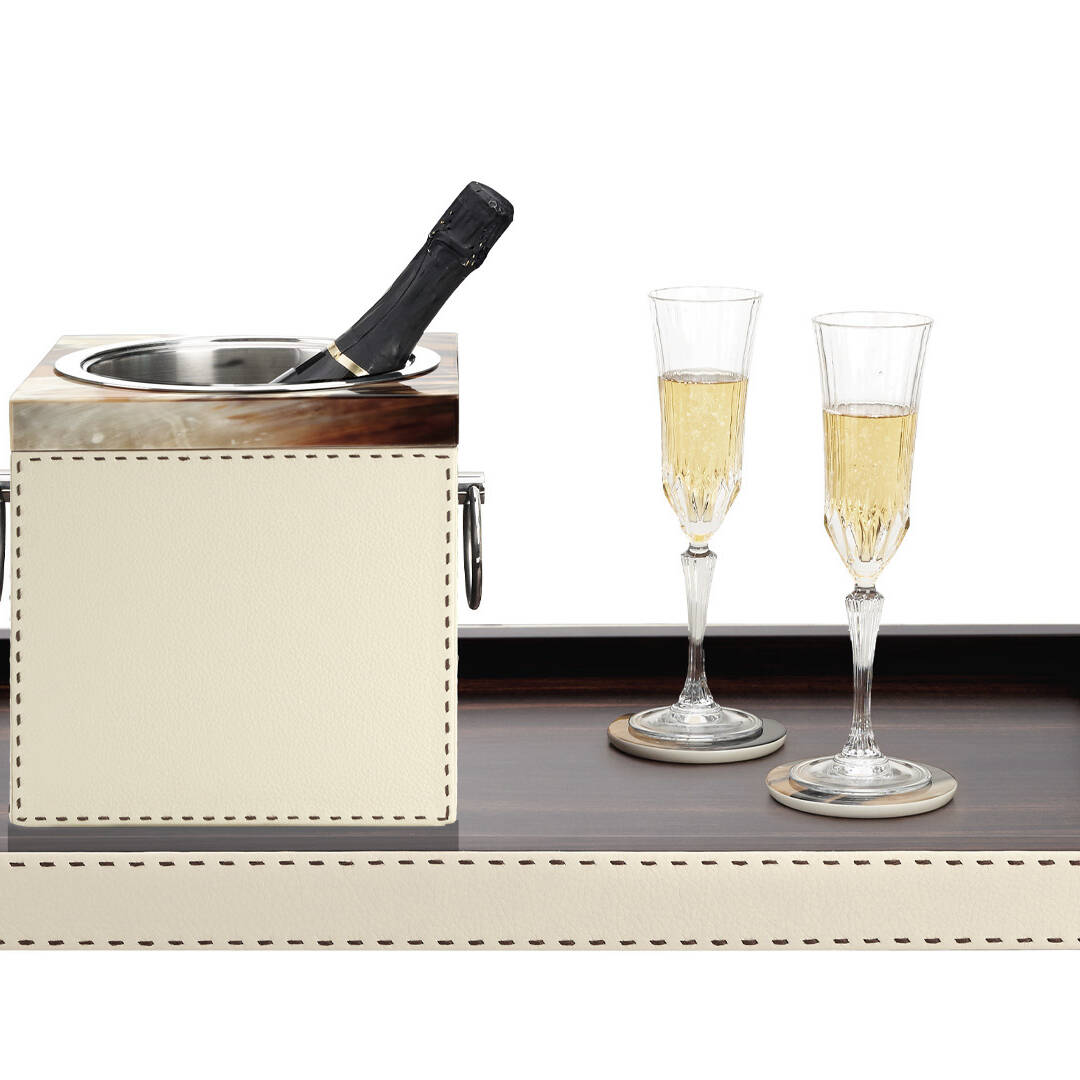 Tableware - Nives champagne bucket in horn and Ice-cream colour pebbled leather - cover - Arcahorn